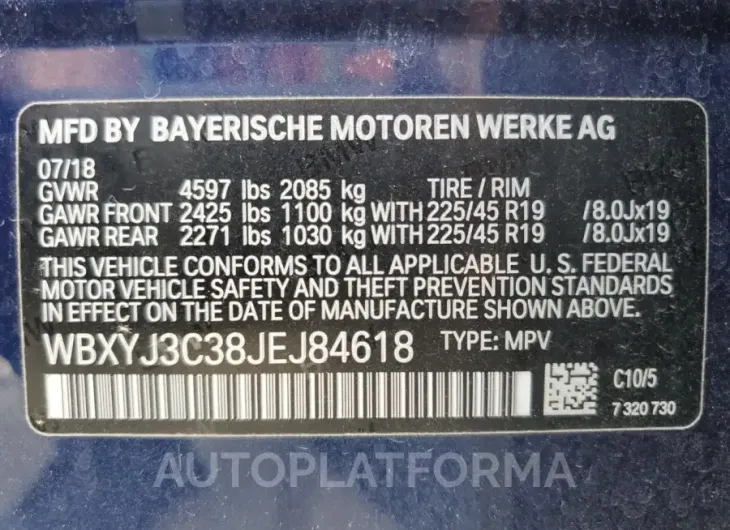 BMW X2 SDRIVE2 2018 vin WBXYJ3C38JEJ84618 from auto auction Copart