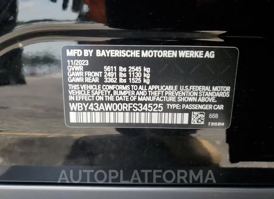 BMW I4 EDRIVE 2024 vin WBY43AW00RFS34525 from auto auction Copart