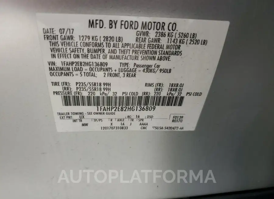 FORD TAURUS SEL 2017 vin 1FAHP2E82HG136809 from auto auction Copart