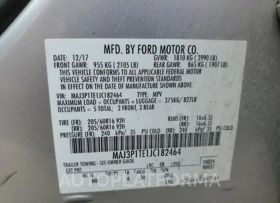 FORD ECOSPORT S 2018 vin MAJ3P1TE1JC182464 from auto auction Copart