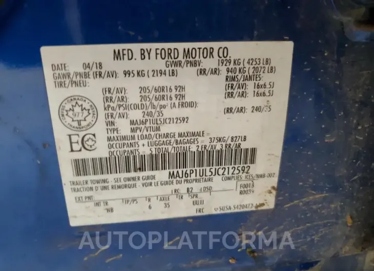 FORD ECOSPORT S 2018 vin MAJ6P1UL5JC212592 from auto auction Copart