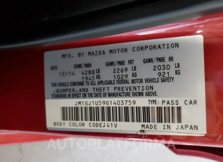 MAZDA 6 sport 2016 vin JM1GJ1U59G1403759 from auto auction Copart