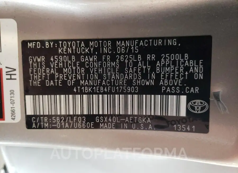 TOYOTA AVALON XLE 2015 vin 4T1BK1EB4FU175903 from auto auction Copart