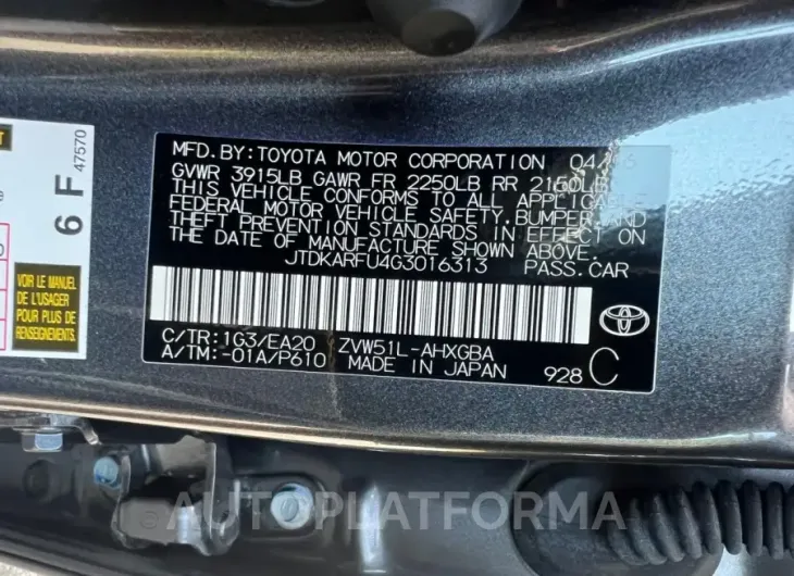 TOYOTA PRIUS 2016 vin JTDKARFU4G3016313 from auto auction Copart