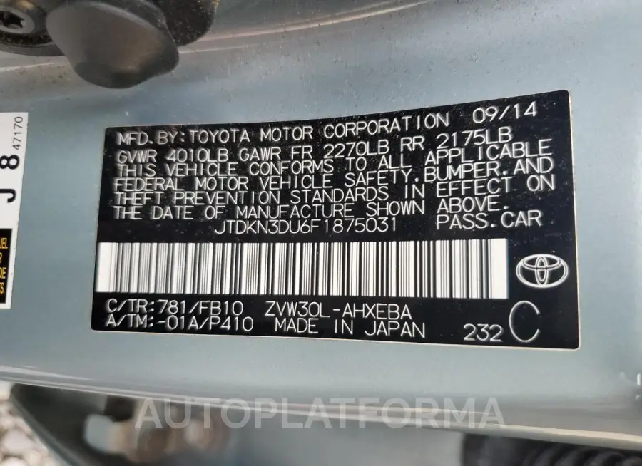 TOYOTA PRIUS 2015 vin JTDKN3DU6F1875031 from auto auction Copart