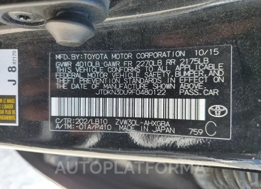 TOYOTA PRIUS 2015 vin JTDKN3DU9F0480122 from auto auction Copart