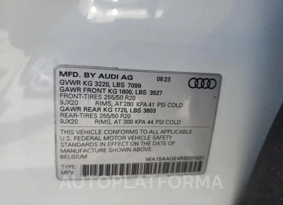 AUDI Q8 E-TRON 2024 vin WA15AAGE4RB031631 from auto auction Copart