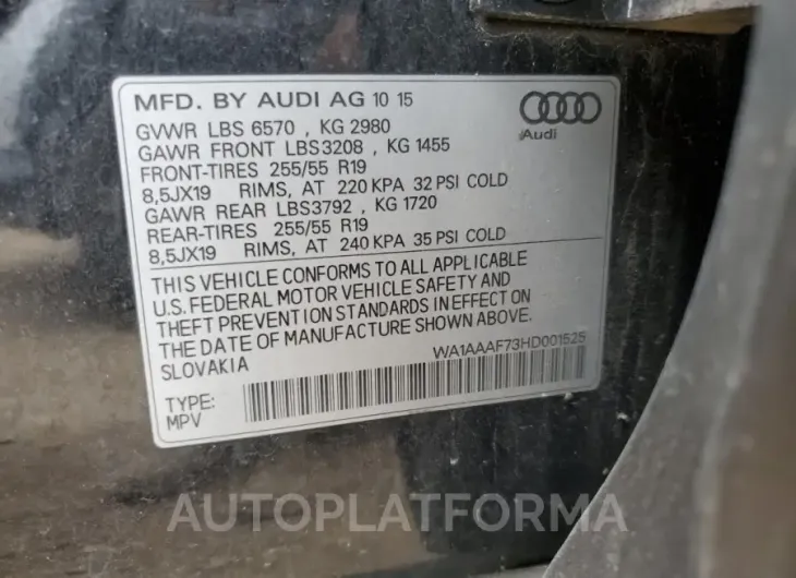 AUDI Q7 PREMIUM 2017 vin WA1AAAF73HD001525 from auto auction Copart