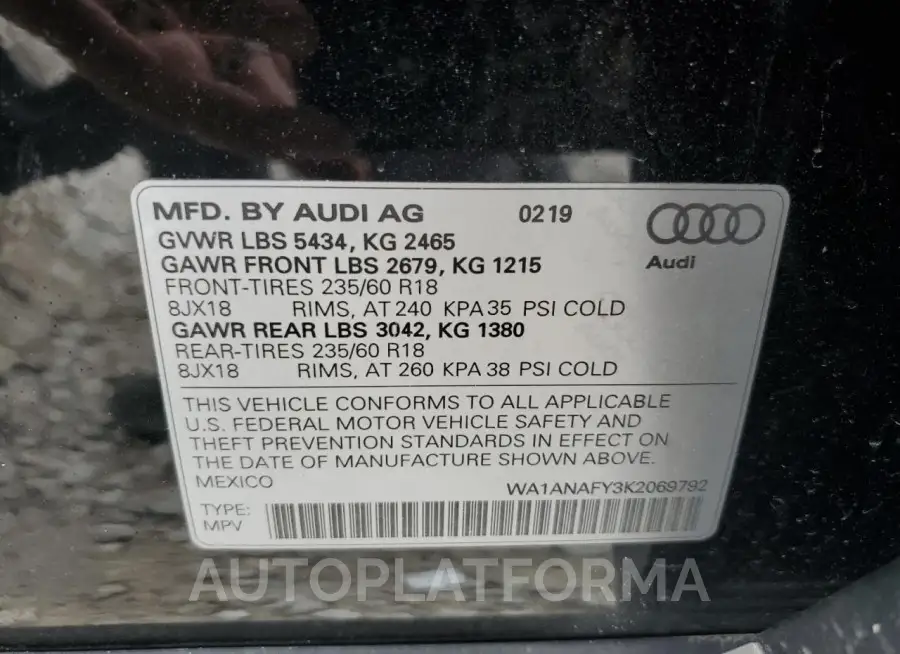 AUDI Q5 PREMIUM 2019 vin WA1ANAFY3K2069792 from auto auction Copart