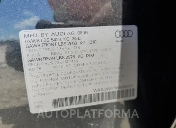 AUDI Q5 PREMIUM 2017 vin WA1C2AFP3HA006991 from auto auction Copart