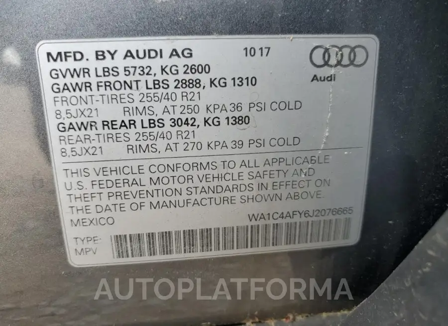 AUDI SQ5 PRESTI 2018 vin WA1C4AFY6J2076665 from auto auction Copart