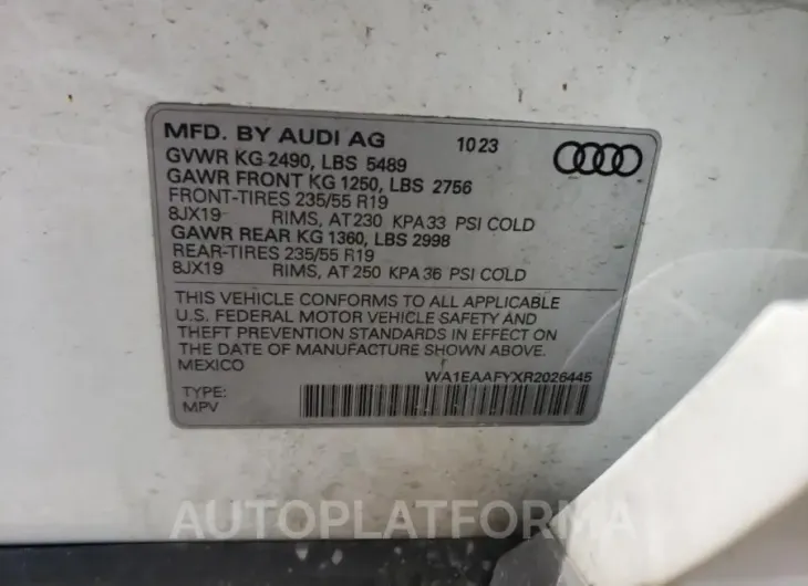 AUDI Q5 PREMIUM 2024 vin WA1EAAFYXR2026445 from auto auction Copart