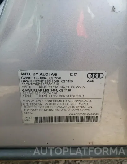 AUDI Q3 PREMIUM 2018 vin WA1ECCFSXJR023039 from auto auction Copart