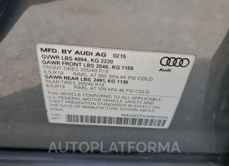 AUDI Q3 PRESTIG 2015 vin WA1GFCFS7FR013334 from auto auction Copart