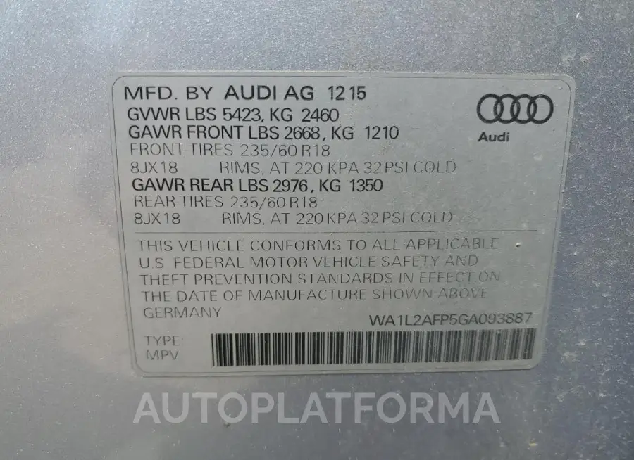 AUDI Q5 PREMIUM 2016 vin WA1L2AFP5GA093887 from auto auction Copart