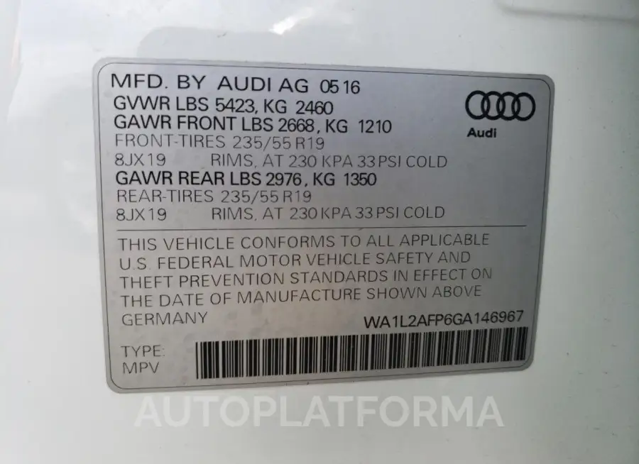 AUDI Q5 PREMIUM 2016 vin WA1L2AFP6GA146967 from auto auction Copart