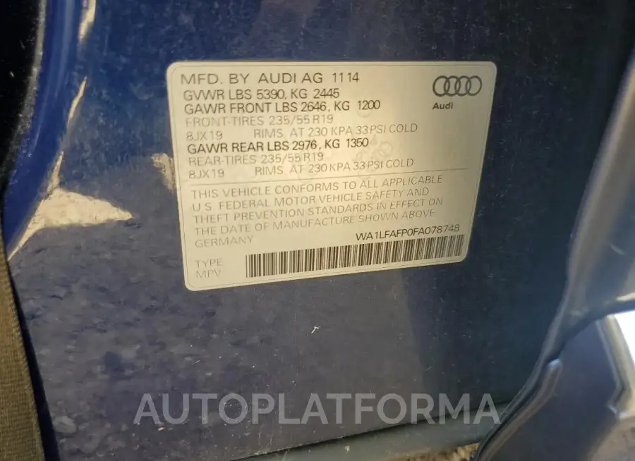 AUDI Q5 PREMIUM 2015 vin WA1LFAFP0FA078748 from auto auction Copart