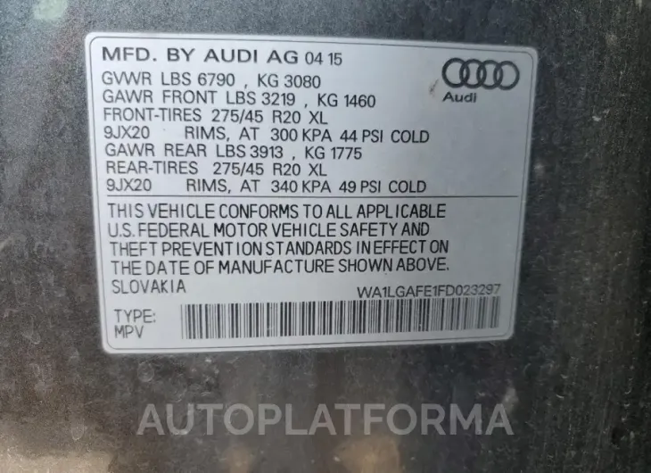 AUDI Q7 PREMIUM 2015 vin WA1LGAFE1FD023297 from auto auction Copart