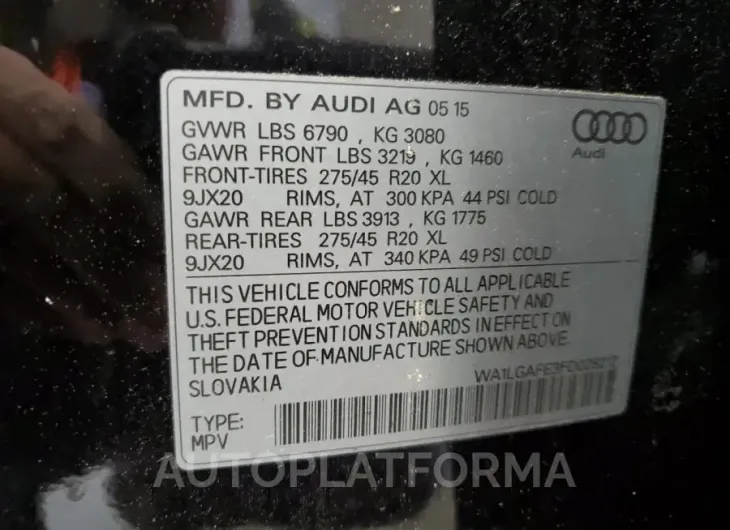 AUDI Q7 PREMIUM 2015 vin WA1LGAFE3FD028212 from auto auction Copart