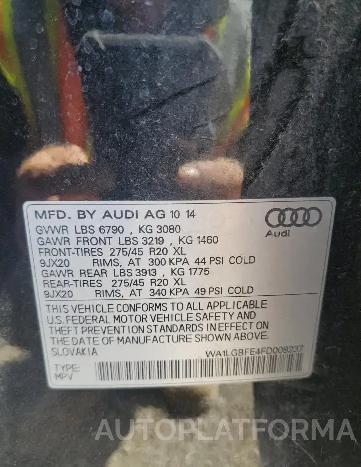 AUDI Q7 PREMIUM 2015 vin WA1LGBFE4FD009237 from auto auction Copart