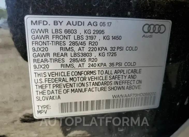 AUDI Q7 PRESTIG 2017 vin WA1VAAF73HD059202 from auto auction Copart