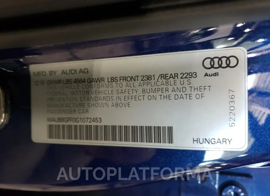 AUDI A3 PREMIUM 2016 vin WAUB8GFF0G1072453 from auto auction Copart