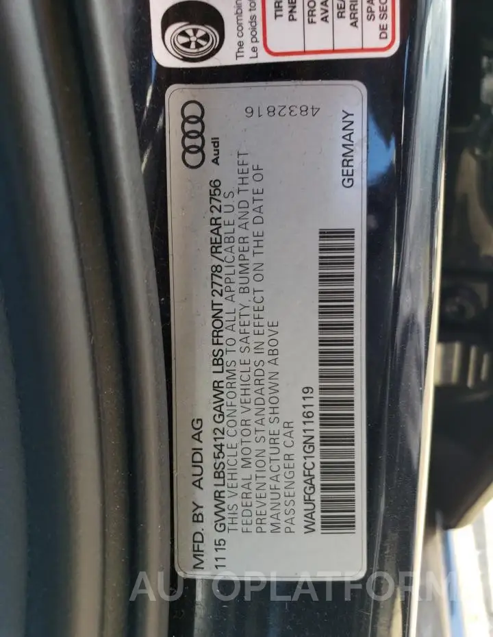 AUDI A6 PREMIUM 2016 vin WAUFGAFC1GN116119 from auto auction Copart