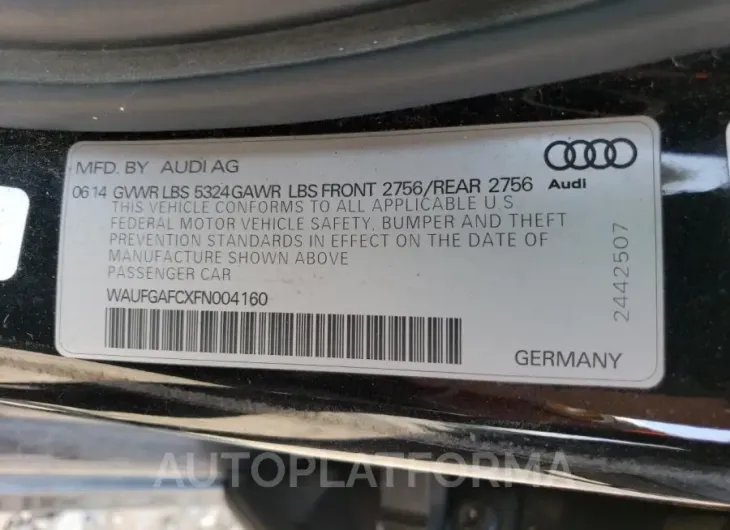 AUDI A6 PREMIUM 2015 vin WAUFGAFCXFN004160 from auto auction Copart