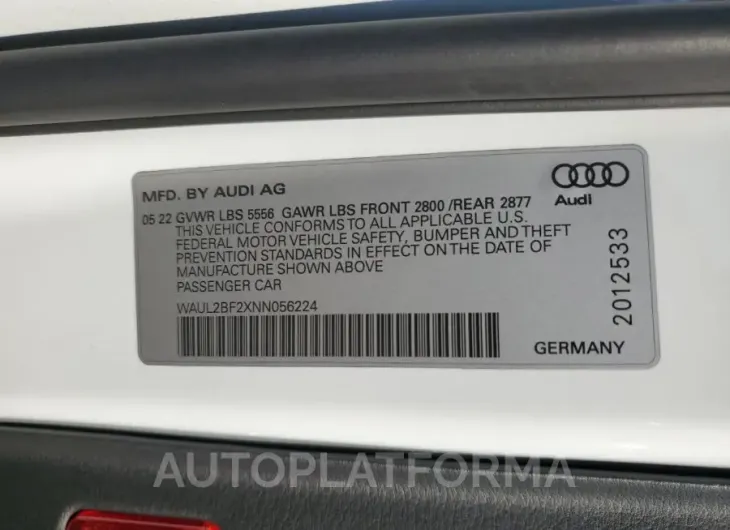 AUDI A6 PREMIUM 2022 vin WAUL2BF2XNN056224 from auto auction Copart