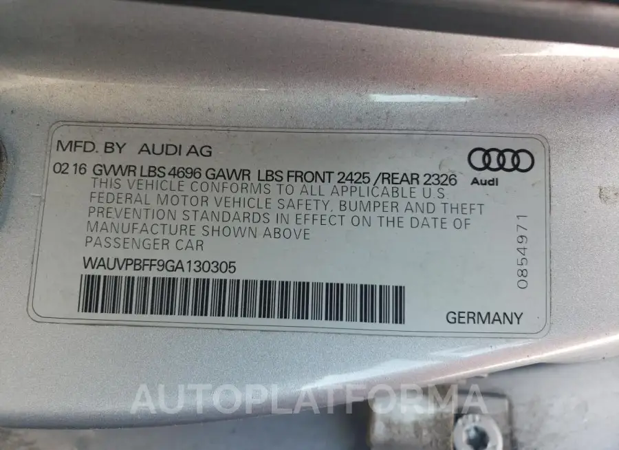 AUDI A3 E-TRON 2016 vin WAUVPBFF9GA130305 from auto auction Copart