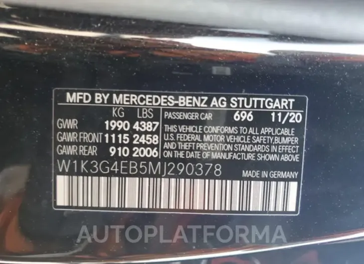 MERCEDES-BENZ A 220 2021 vin W1K3G4EB5MJ290378 from auto auction Copart