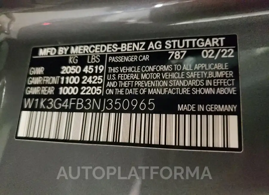 MERCEDES-BENZ A 220 4MAT 2022 vin W1K3G4FB3NJ350965 from auto auction Copart