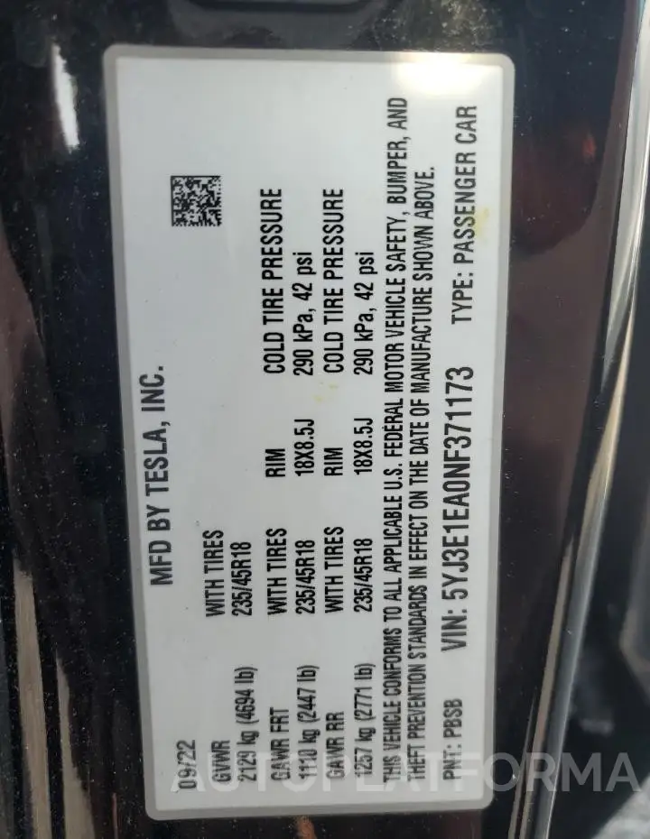 TESLA MODEL 3 2022 vin 5YJ3E1EA0NF371173 from auto auction Copart