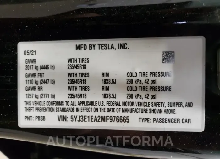 TESLA MODEL 3 2021 vin 5YJ3E1EA2MF976665 from auto auction Copart