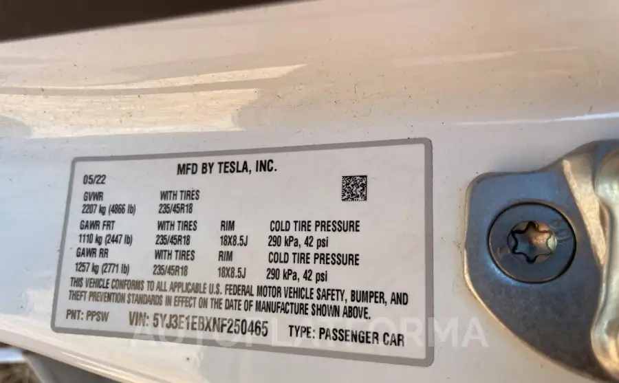 TESLA MODEL 3 2022 vin 5YJ3E1EBXNF250465 from auto auction Copart