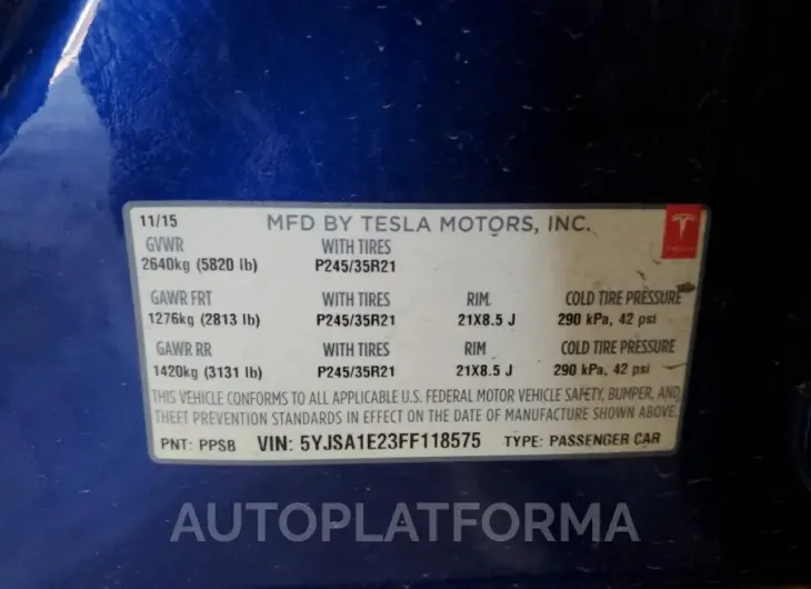 TESLA MODEL S 2015 vin 5YJSA1E23FF118575 from auto auction Copart