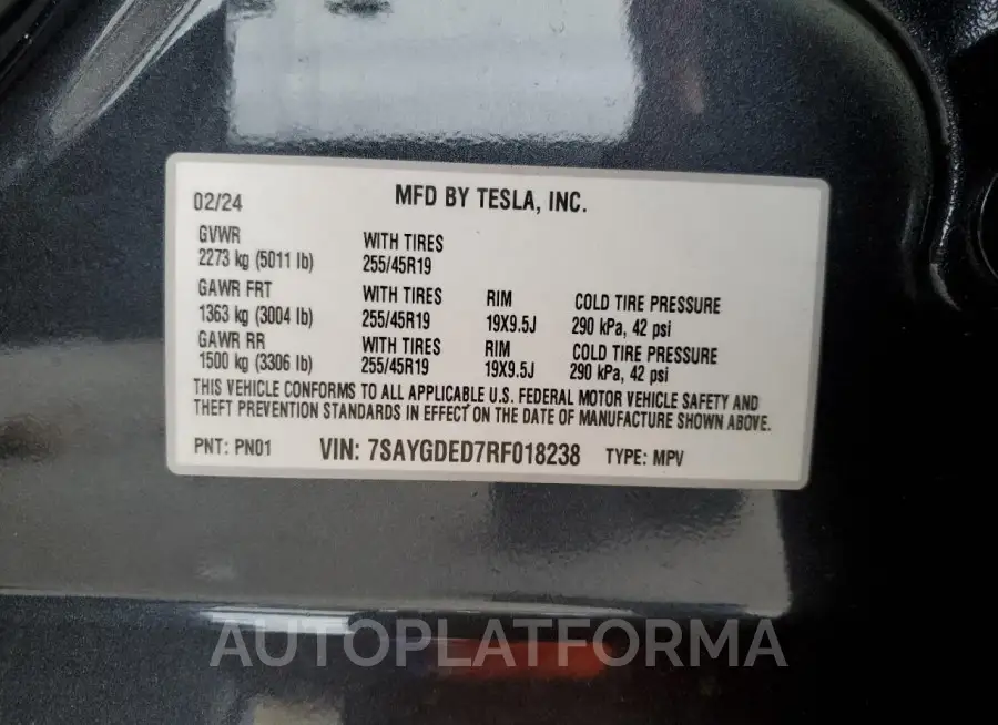 TESLA MODEL Y 2024 vin 7SAYGDED7RF018238 from auto auction Copart