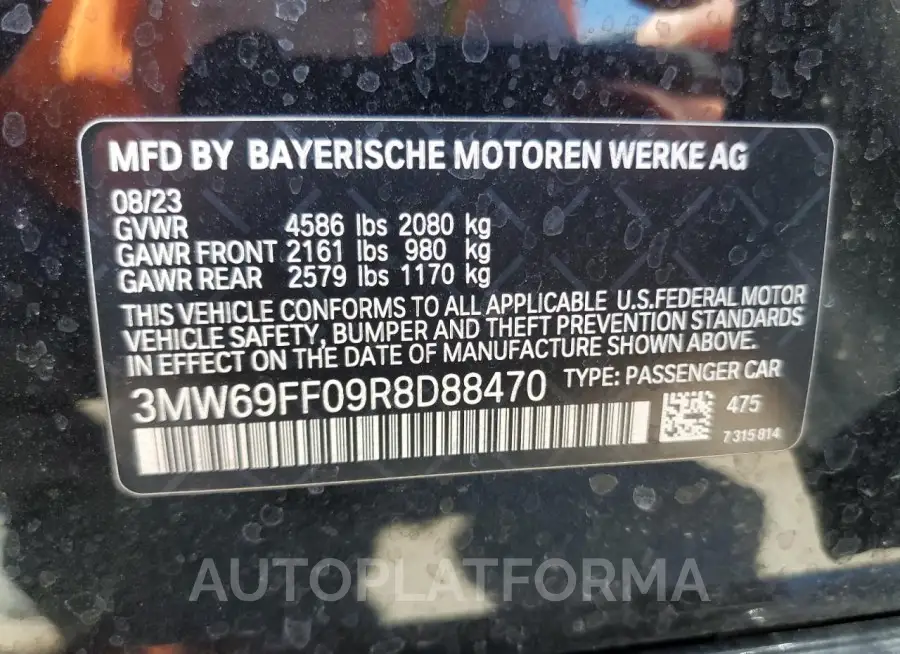 BMW 330I 2024 vin 3MW69FF09R8D88470 from auto auction Copart