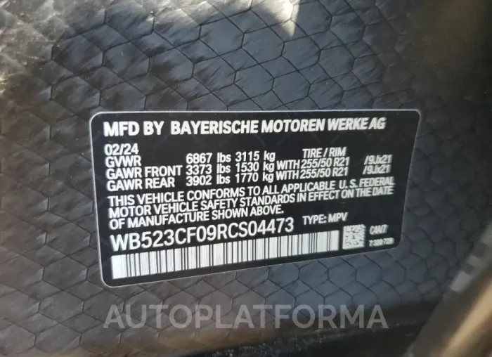 BMW IX XDRIVE5 2024 vin WB523CF09RCS04473 from auto auction Copart