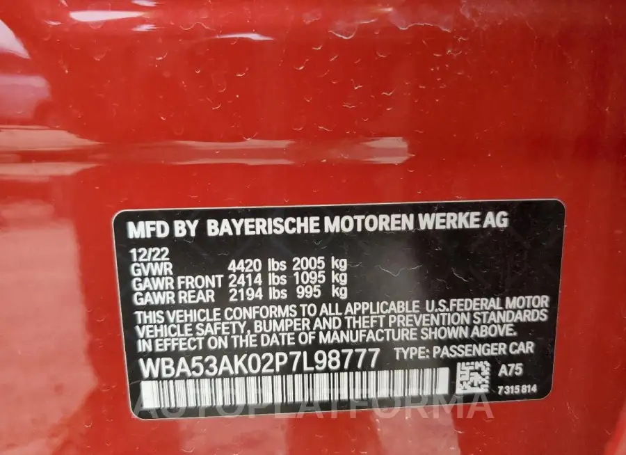 BMW 228I 2023 vin WBA53AK02P7L98777 from auto auction Copart