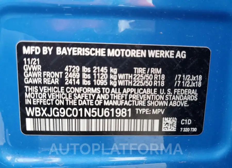 BMW X1 XDRIVE2 2022 vin WBXJG9C01N5U61981 from auto auction Copart