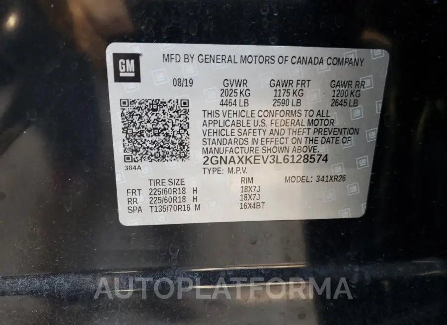 CHEVROLET EQUINOX LT 2020 vin 2GNAXKEV3L6128574 from auto auction Copart