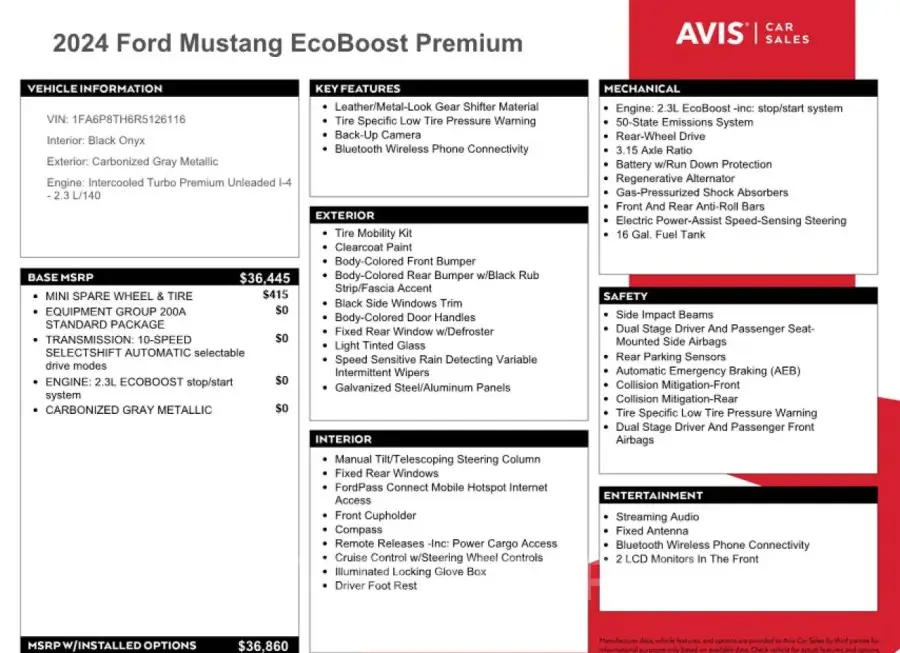 FORD MUSTANG 2024 vin 1FA6P8TH6R5126116 from auto auction Copart