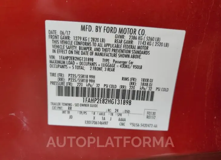 FORD TAURUS SEL 2017 vin 1FAHP2E82HG131898 from auto auction Copart