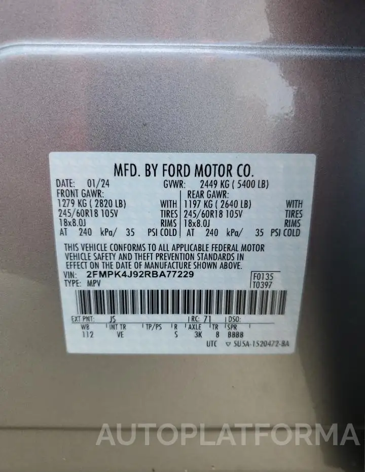 FORD EDGE SEL 2024 vin 2FMPK4J92RBA77229 from auto auction Copart