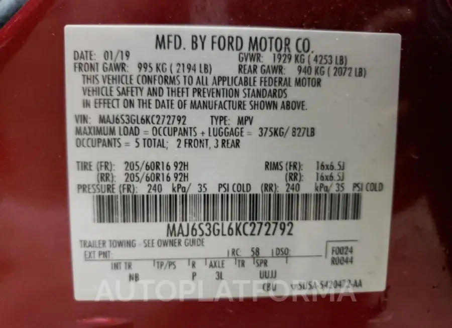 FORD ECOSPORT S 2019 vin MAJ6S3GL6KC272792 from auto auction Copart