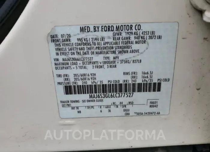 FORD ECOSPORT S 2020 vin MAJ6S3GL6LC377527 from auto auction Copart