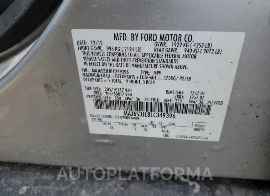 FORD ECOSPORT S 2020 vin MAJ6S3JL8LC349396 from auto auction Copart