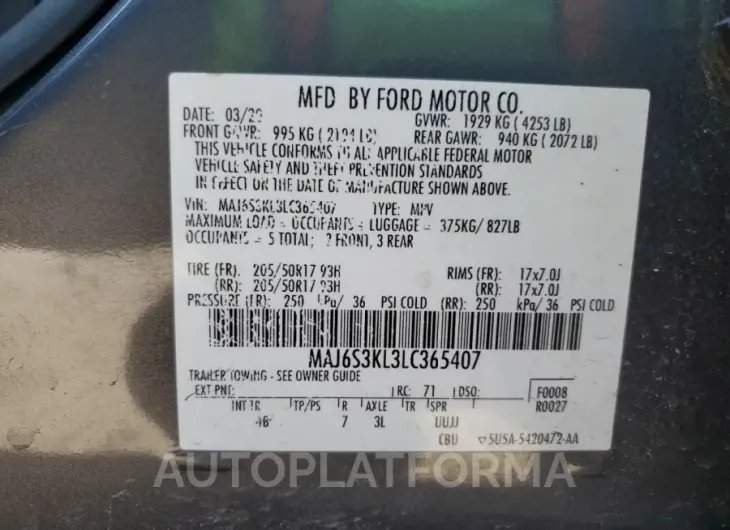 FORD ECOSPORT T 2020 vin MAJ6S3KL3LC365407 from auto auction Copart