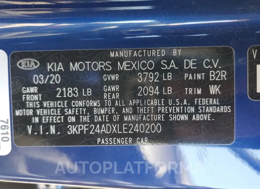 KIA FORTE FE 2020 vin 3KPF24ADXLE240200 from auto auction Copart